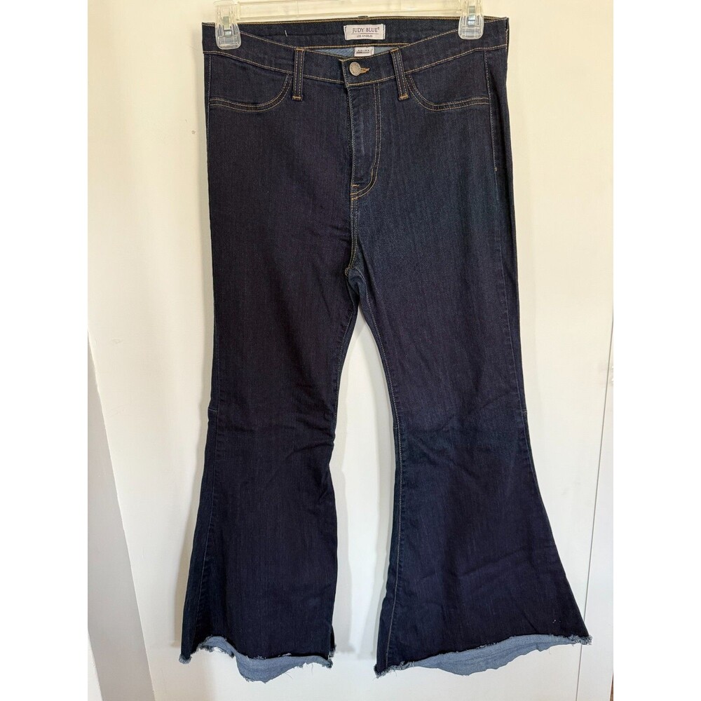 Judy Blue High Rise Super Flare denim jeans women's size 13/31 Stretch raw hem